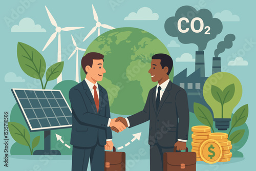 Green economy collaboration. Businessmen shaking hands on sustainable energy deal. ESG investment in renewable power to reduce CO2 emissions and fight climate change. Global cooperation.