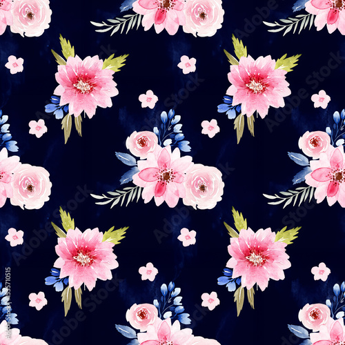 Vibrant watercolor floral seamless pattern on a dark background