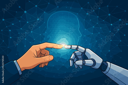 Human hand touches robot finger, symbolizing connection. Artificial intelligence concept of human-machine synergy, digital transformation, and future technology with a binary code head.