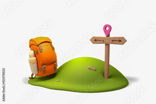 Isometric camping illustration. Orange backpack, wooden signpost with arrows and location pin on a small hill. Travel and adventure concept. 3D rendering.