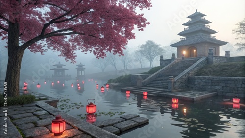 Misty Pagoda and Cherry Blo...