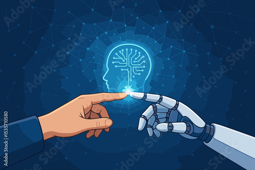 Human hand and robot hand touching, creating an AI digital brain icon. Concept of artificial intelligence, future technology, machine learning, innovation, and human-robot synergy.