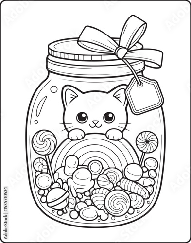 Cute cat with rainbow in a jar beauty scenery vector line art coloring page for kids and adults