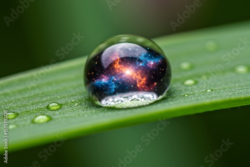 A drop of water on a green leaf reflecting a miniature cosmic landscape with nebulae and stars, symbolizing the connection of the micro- and macrocosm.