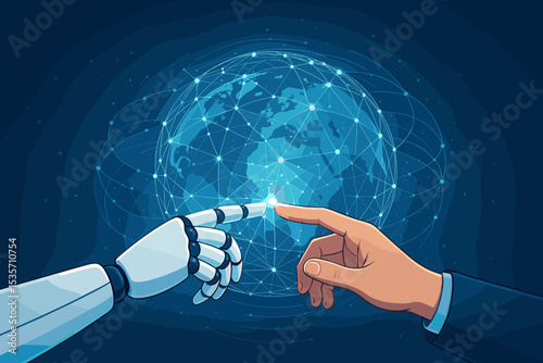 AI and human connection concept. Robot and human hands touching over a global network background. Future technology, partnership, digital transformation, and business innovation.