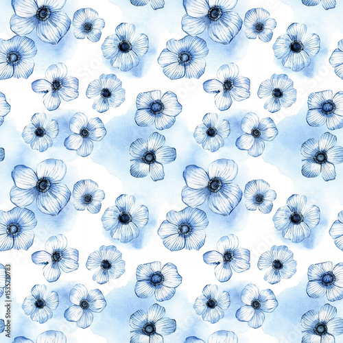 Elegant watercolor flower seamless pattern in delicate blue hues