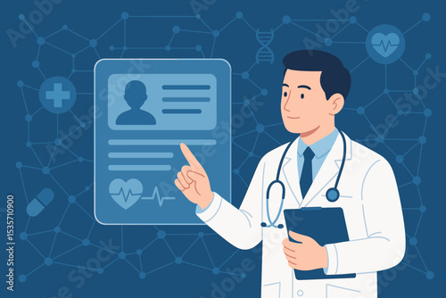 Doctor using futuristic interface for patient electronic health record. Digital healthcare innovation concept. Medical technology, telemedicine, online consultation and data analysis.