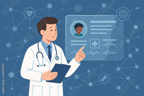 Doctor with clipboard analyzing patient electronic health record on a futuristic virtual screen. Digital healthcare innovation, telemedicine, global network, modern medical technology.