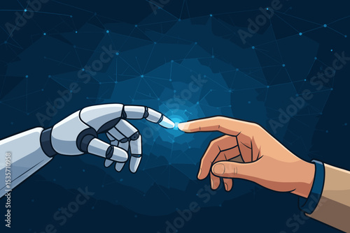 Robot and human hands touching. Artificial intelligence concept. Human-robot connection metaphor. Future of technology and humanity. Digital network. Creation of Adam AI parody.