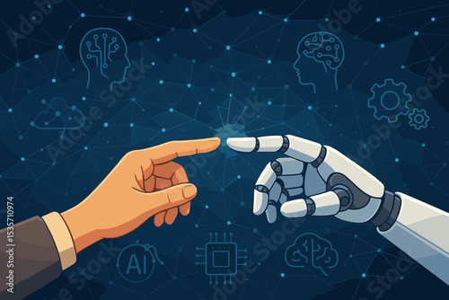 Human hand touching robot finger. Artificial intelligence concept of human and machine connection. Future technology, digital transformation, neural network and innovation metaphor.