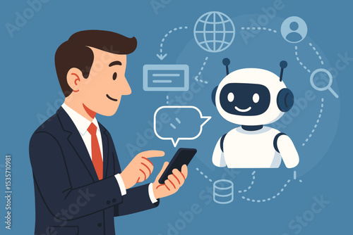 Businessman using smartphone to chat with an AI chatbot for customer service. Artificial intelligence technology concept. Virtual assistant, online support, and business automation.