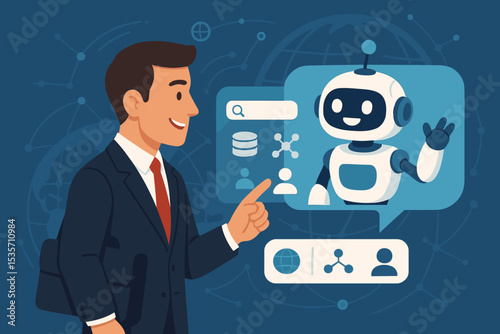 Businessman using AI chatbot technology for customer support and business automation. Virtual assistant robot on a futuristic user interface with data, search, and network icons.