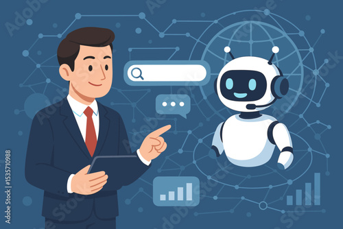 Businessman interacting with AI chatbot for customer service and data analysis. Concept of artificial intelligence, virtual assistant technology, and global business communication.