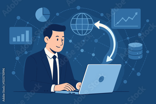 Global data synchronization concept. Businessman at laptop analyzing information. Big data analytics, business intelligence, cloud computing, network technology, database management.