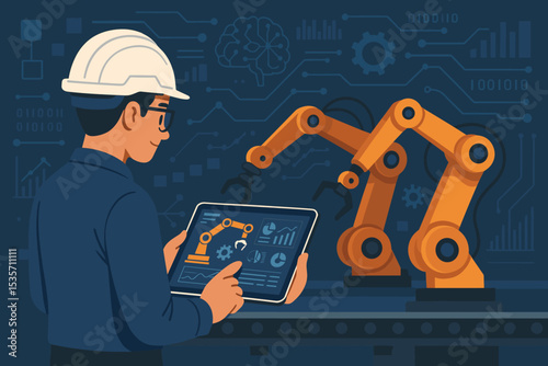 Engineer controls robotic arms with a tablet in a smart factory. Industry 4.0 automation technology with AI. Industrial robot on conveyor belt for modern manufacturing.