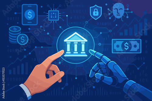 AI in finance concept. Robot and human hand on digital banking interface. Fintech, futuristic technology, financial automation, online investment, and secure mobile payment vector.