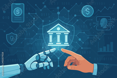 Future of finance with AI robot and human hand interaction. Fintech, digital banking, automation, blockchain technology, and cybersecurity vector concept for financial services.