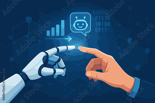 Human-AI collaboration. Robot and human hand touching. Concept of digital transformation, business partnership, and future technology. Chatbot, data analysis, growth chart. Vector.