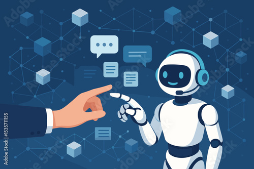 Businessman hand touching chatbot finger. Artificial intelligence, customer service support, and automation technology. Digital network and data processing background.