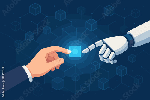 Human hand and robot AI collaborating. Concept of future technology, business automation, and digital transformation. Man and machine partnership with blockchain network background.