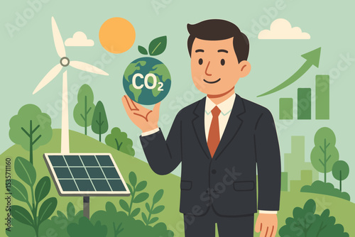 Businessman with eco vision for green business growth. Renewable energy with solar panel, wind turbine. Carbon footprint reduction, ESG and CSR concept for a sustainable future.