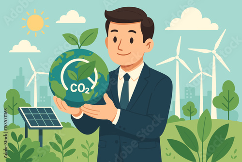 Eco friendly business vision concept. Businessman holding Earth with CO2 reduction symbol. Corporate social responsibility and ESG strategy for a sustainable future with green energy.