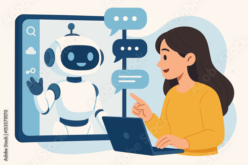 Woman on laptop chatting with AI chatbot. Virtual assistant robot provides customer service. Artificial intelligence concept for online technical support, communication, and helpdesk.