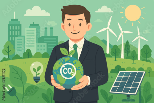 Eco friendly business vision for a sustainable future. Businessman holding Earth globe with CO2 reduction symbol. Green energy, wind turbines, solar panel. ESG and CSR concept.