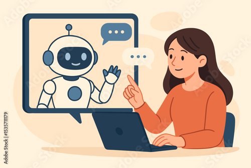 Woman chatting with AI chatbot on laptop. Virtual assistant concept for customer service and support. Friendly robot talking to user. Human-machine interaction vector illustration.