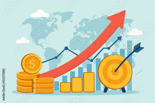 Economic growth concept with rising arrow graph and bar chart. Financial success and business strategy with gold coins and target. Global economy, investment and profit vector.