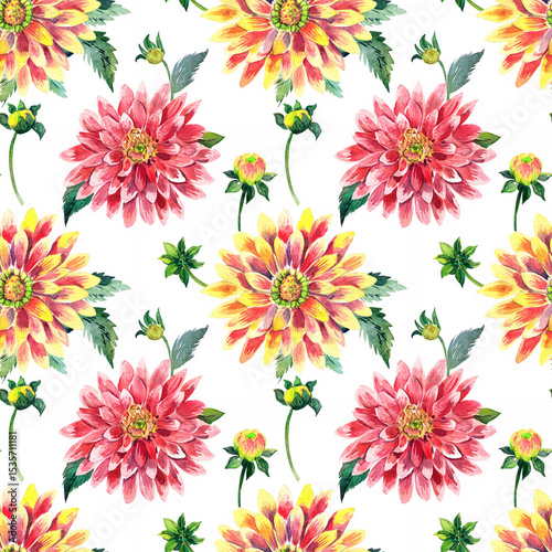 Colorful floral watercolor seamless pattern with blooming flowers