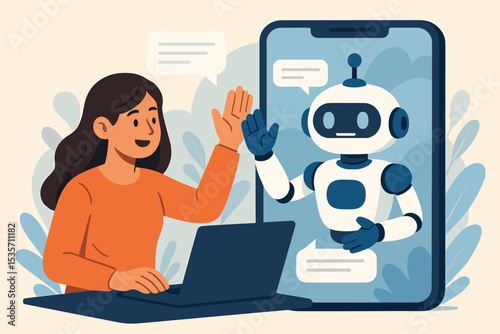 Woman communicates with AI chatbot on smartphone. Concept of virtual assistant, customer support, and online consultation. Humanoid robot and user interaction with laptop. Future tech.