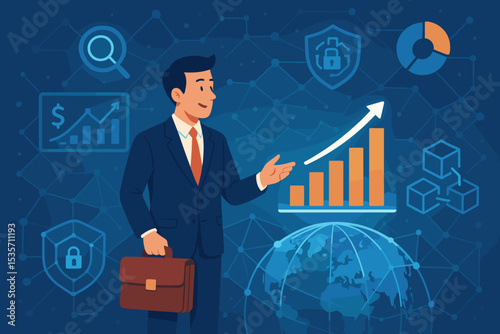 Businessman presents global business growth chart. Financial investment and data analysis concept. Corporate strategy, innovation, cybersecurity, and technology network background.