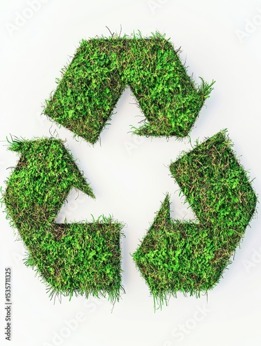 Green recycle symbol covered by grass and moss. Ecology concept.