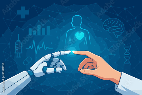 Robot and doctor hand connecting. Artificial intelligence in medicine, future healthcare technology concept. AI medical innovation, collaboration, diagnostics, data analysis, research.