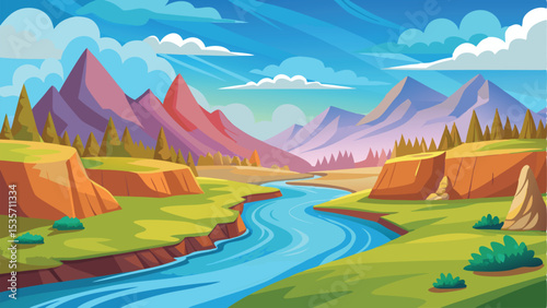 Cartoon Landscape with Mountains, River, Trees, Green Fields, and Cloudy Blue Sky Illustration