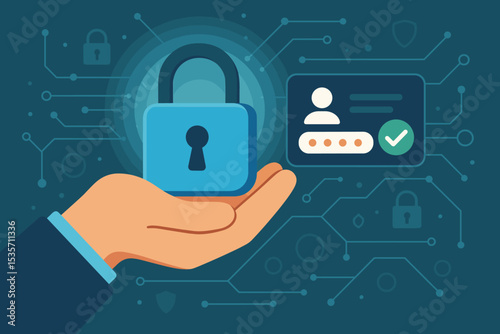 Cybersecurity concept with hand holding a padlock. Digital protection, data security, and user authentication with password login. Secure internet access and network safety illustration.