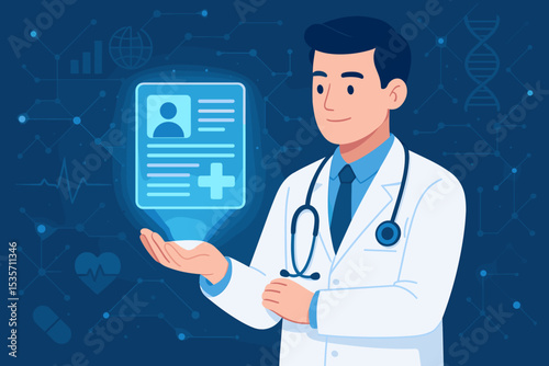 Futuristic medical technology concept. Doctor holding a holographic interface with a patient's electronic health record. Digital healthcare, telemedicine, and innovation in medicine.