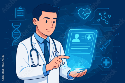 Male doctor using futuristic holographic tablet. Concept of digital healthcare, electronic health record (EHR), telemedicine. Medical innovation, virtual diagnosis, science, technology.