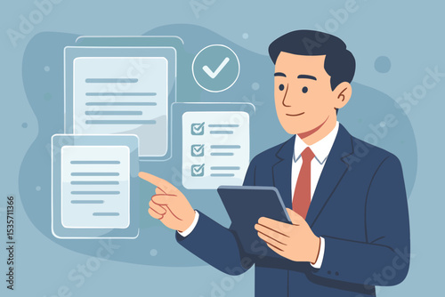 Businessman evaluating corporate process on digital interface. Manager with tablet checking documents. Concept for business audit, project management, task verification, and analysis.
