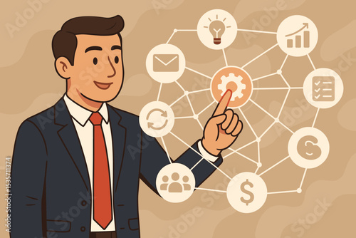 Businessman managing business process automation and workflow on a digital interface. Project management concept with icons for strategy, finance, teamwork, and data analytics. CRM.