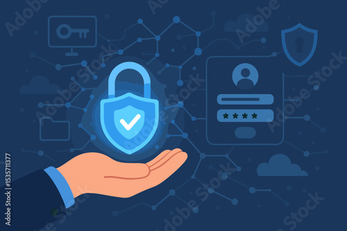 Digital security illustration. Hand holding glowing shield for data protection and privacy. Cybersecurity concept with network, cloud, login, password, and secure authentication.