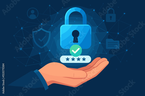 Digital security and cybersecurity concept. Hand holding a secure password login for user authentication. Data protection, internet privacy, network safety with a large padlock icon.