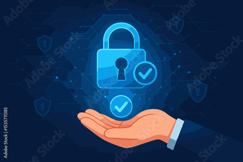 Cybersecurity and data protection concept. Businessman hand holding glowing padlock with check mark for network safety. Digital privacy technology and internet security vector.