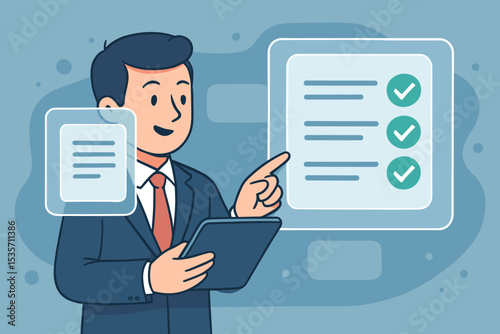 Manager completing digital checklist on tablet. Business evaluation, task management, project completion, and audit concept. Online survey and corporate compliance illustration.