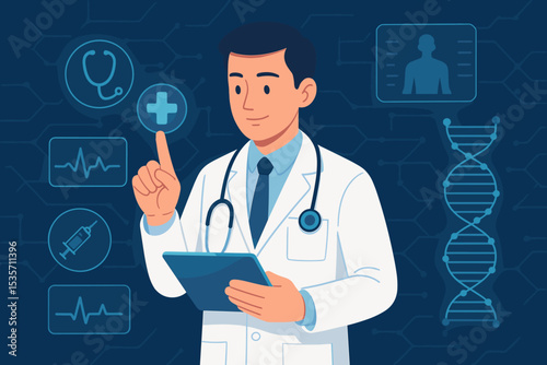 Doctor with tablet using futuristic medical technology interface. Concept of digital health, virtual diagnostics, telemedicine, DNA analysis, and electronic patient record management.