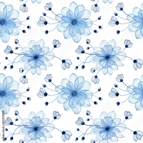 Beautiful watercolor floral seamless pattern in delicate blue tones