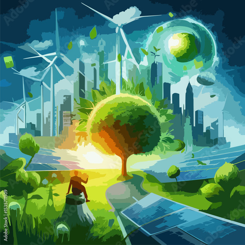 Sustainable Energy Symbols – Wind, Solar, Eco Power