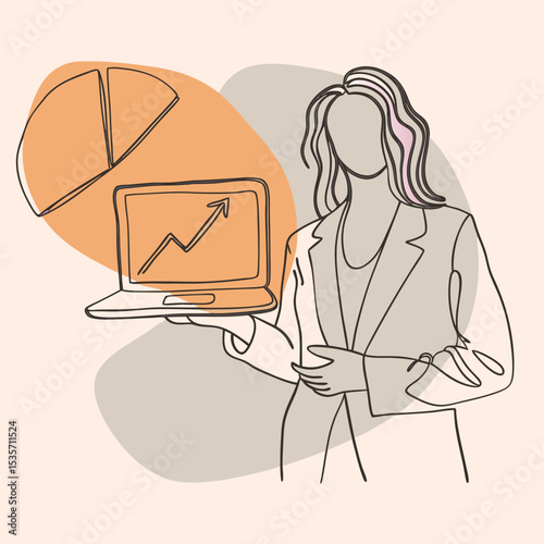 Line art drawing shows professional business woman holding laptop displaying ascending graph