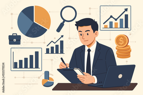Financial analyst planning investment strategy. Businessman at desk with laptop analyzing market data. Business growth, financial management, and data analysis vector illustration concept.